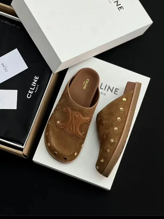CELINE Brown Suede Studs Slide Mules - Picture 5 of 8